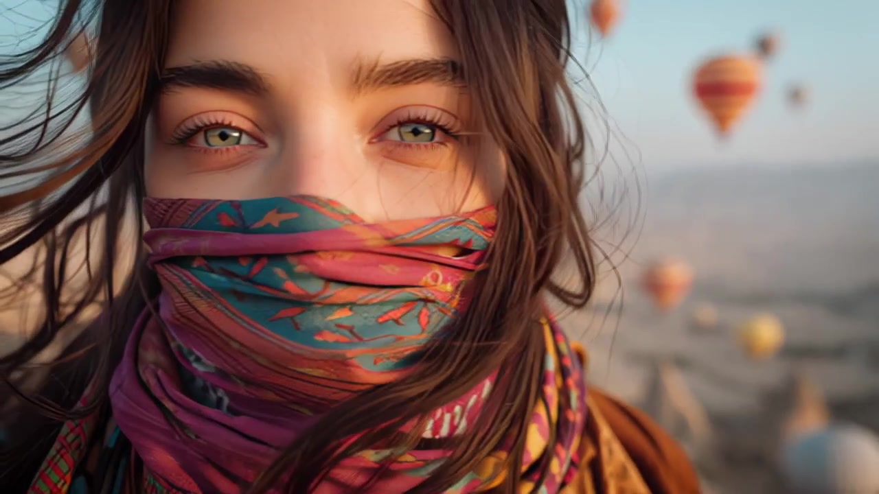 Ritratto cinematografico ravvicinato di una giovane donna con sciarpa colorata che le copre il viso, vento tra i capelli, con mongolfiere che volano sopra la Cappadocia, Turchia all'alba