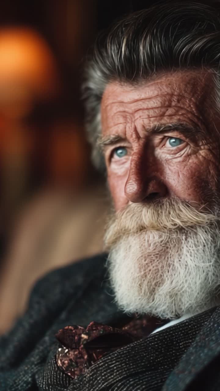 Un Ritratto di Saggezza: Che Cattura lo Sguardo Introspettivo di un Uomo Anziano con una Barba Distinta e un Abbigliamento Elegante Che Riflette Profondità ed Esperienza nei Suoi Occhi