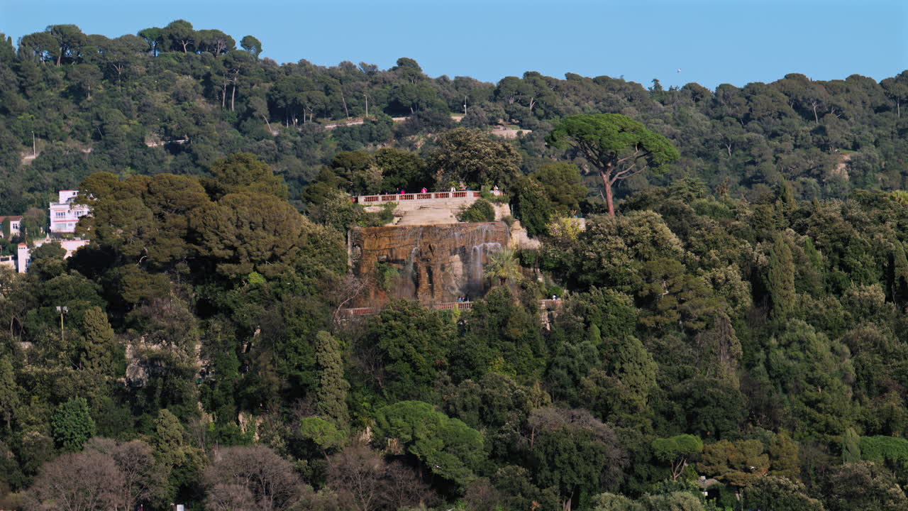 Distant view of the Cascade du Chateau on the Chateau hill in Nice, France