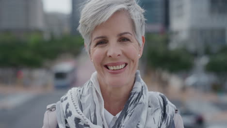 retrato de una hermosa mujer caucásica de mediana edad sonriendo disfrutando de un estilo de vida urbano exitoso en la ciudad