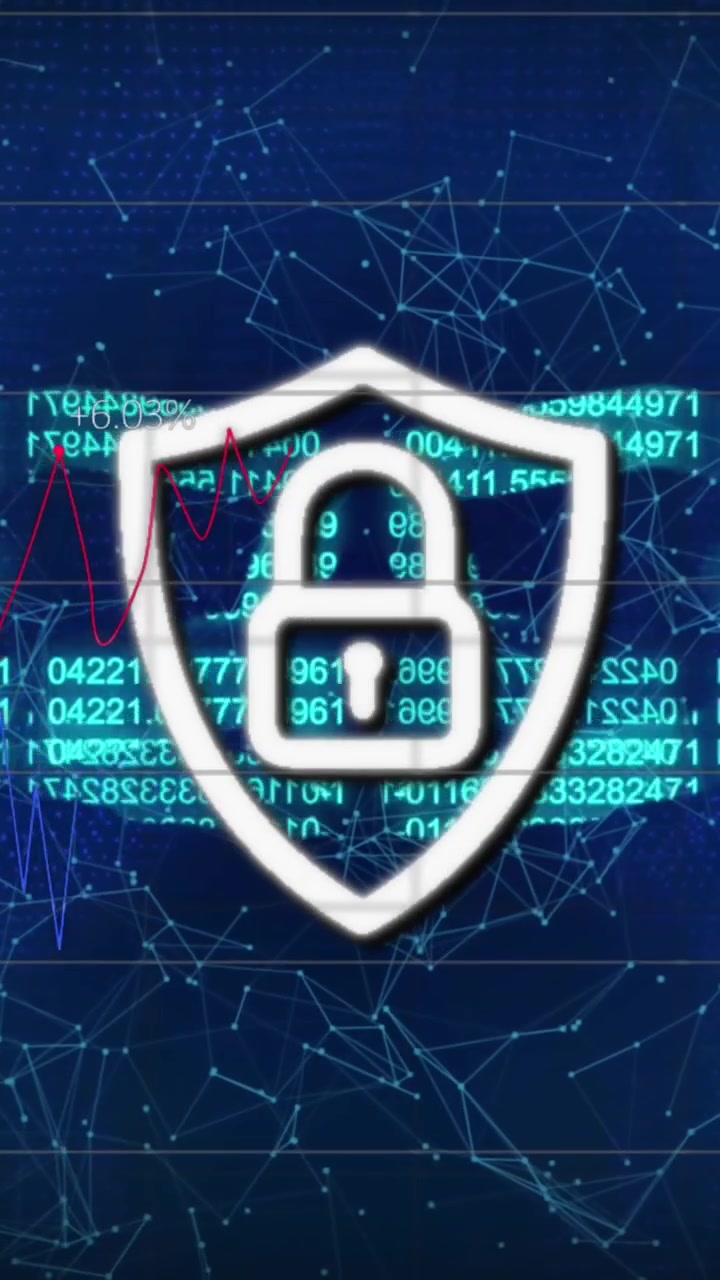 Animation of security padlock, chain icon, network of connections and statistical data processing