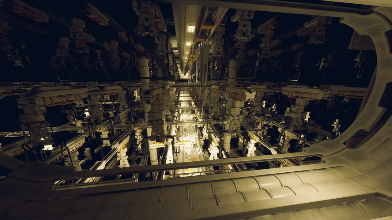 밤에는 미래의 산업 시설 내부의 복잡한 기계