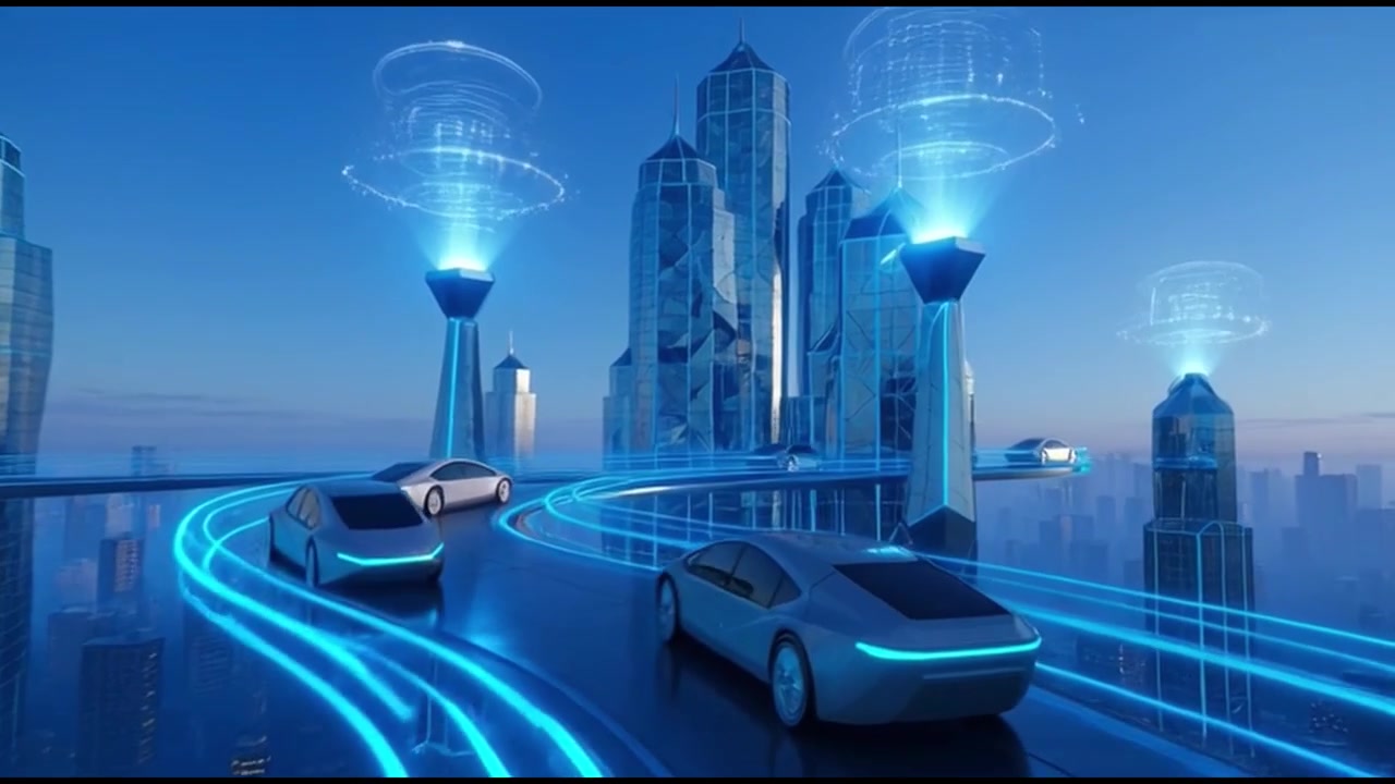 Futuristic Autonomous Vehicles Traveling on Elevated Glowing Roads in a High-Tech City