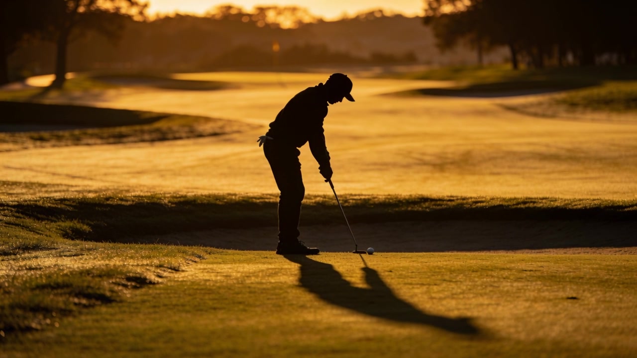 Golfista con cappellino che allinea il putter, sposta il peso ed esegue un colpo di putting sul green per imbucare la palla