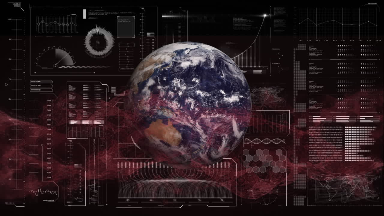 Animation of globe and data processing on screen
