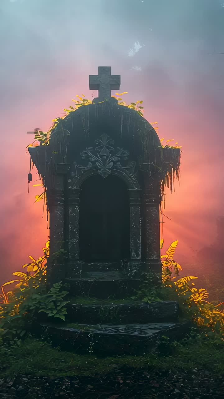 Vertical video: Moving camera approaching mossy stone mausoleum at cemetery, revealing carved cross