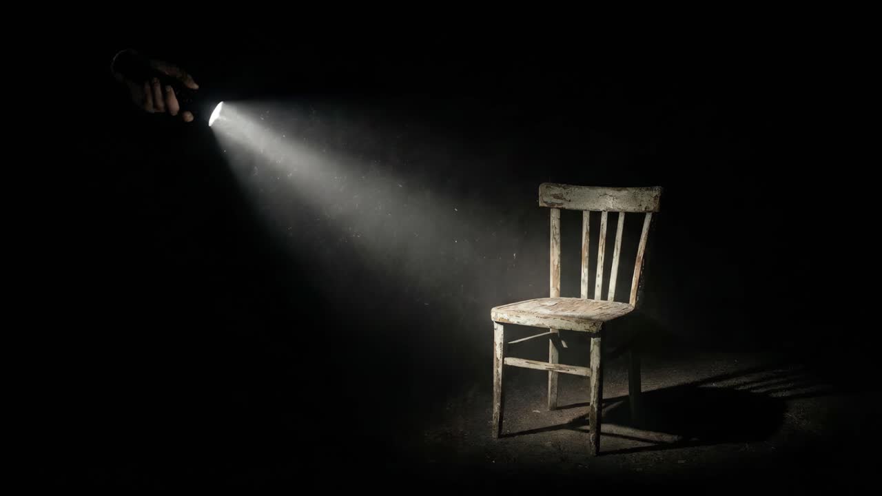 An old chair illuminated by a flashlight in the dark