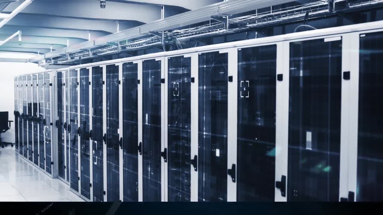 Animation of data processing and light trails over server room
