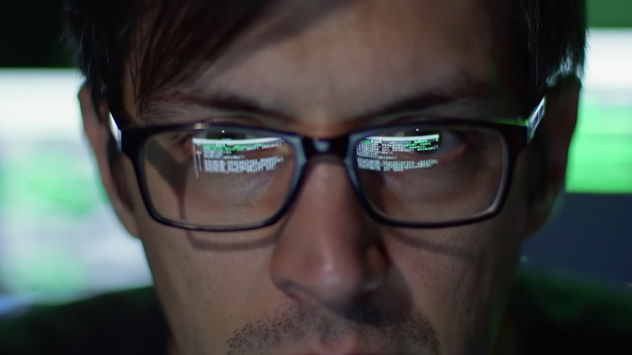 A Focused Individual Engaged in Digital Analysis, Highlighting the Intensity of Cyber Activities through Reflected Code on Glasses in a Dimly Lit Environment