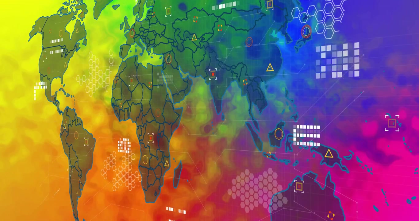 Contorno di una mappa del mondo animato su una sfumatura di calore colorata, che mostra griglie esagonali e icone di dati.