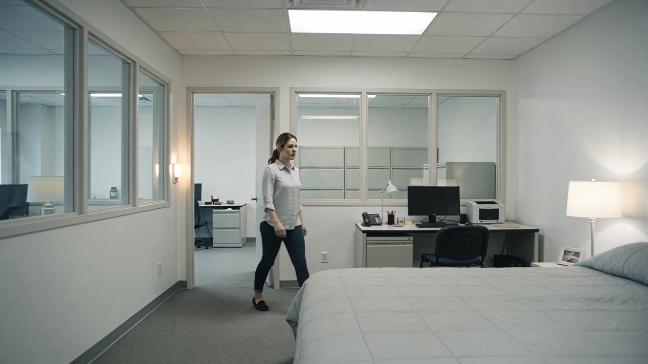 Donna che entra, in camicetta e pantaloni, accende la luce in un ufficio-camera da letto, controllando letto e scrivania.