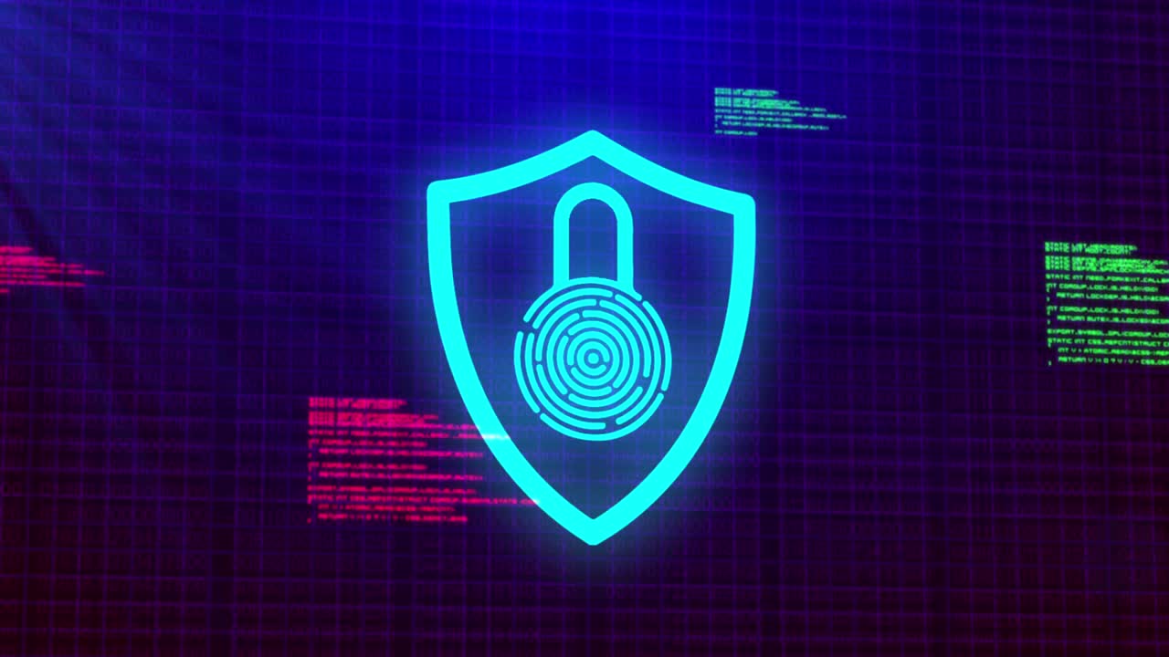 animazione del lucchetto e elaborazione dei dati su sfondo nero