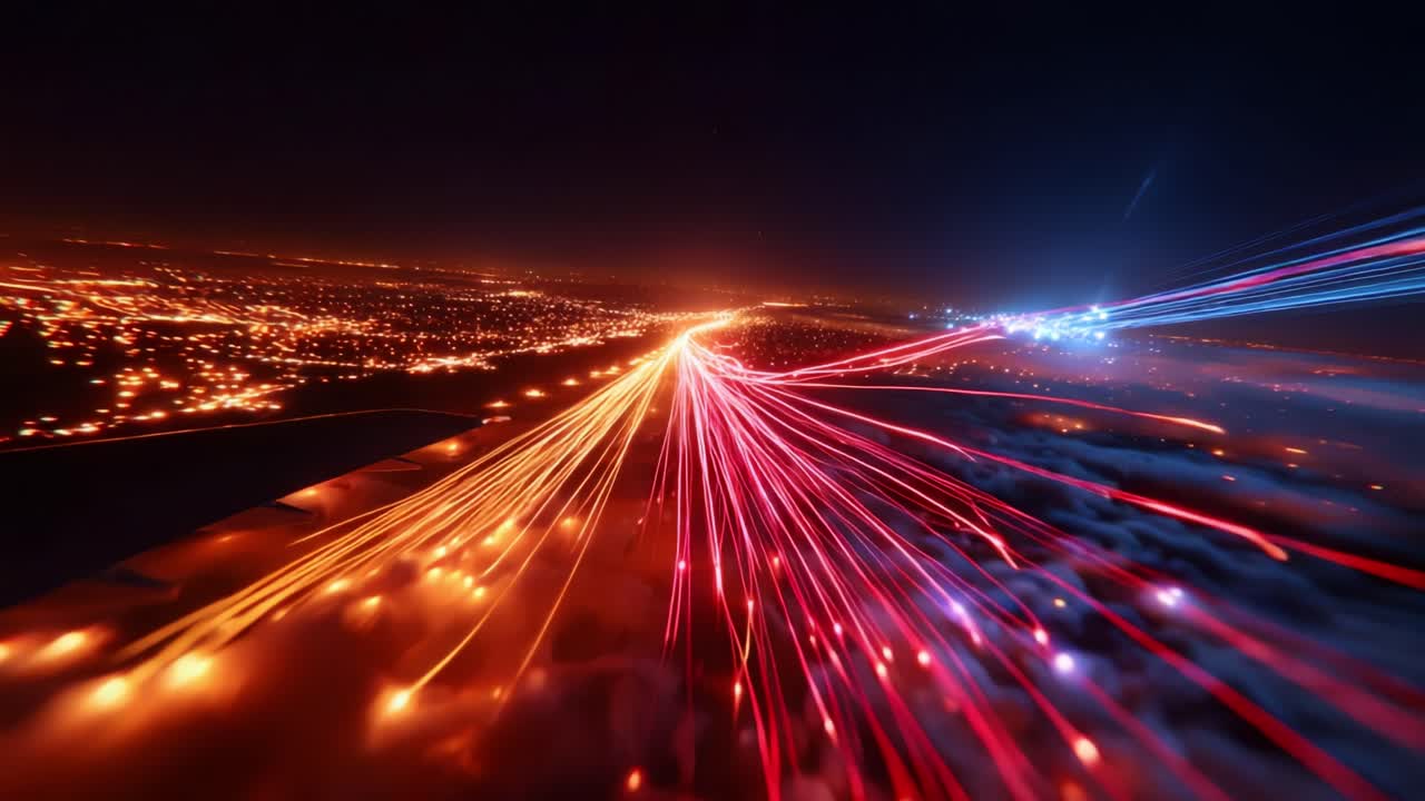 A breathtaking aerial view capturing the dynamic display of light trails over a city at night, illustrating the vibrant energy and movement of modern urban landscapes and the beauty of illumination from above