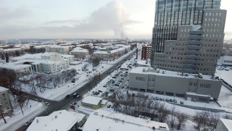 snowy cityscape aerial view