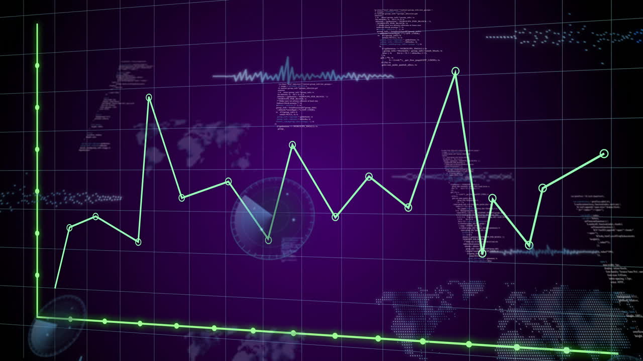 Animation of line chart with data points over world map on digital interface