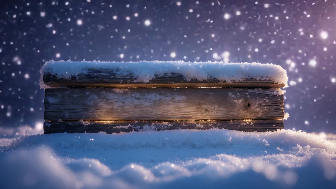 Glowing Wooden Structure Amidst Falling Snow