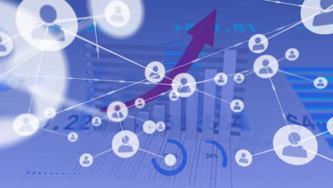 animation of network of connections with people icons over financial data processing