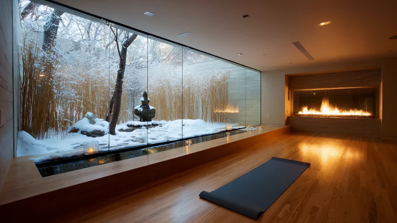 A Serene Indoor Retreat Featuring a Modern Fireplace, Tranquil Nature View, and Minimalist Yoga Space, Emphasizing Calmness and Relaxation Amidst a Winter Landscape, Perfect for Mindfulness and Wellness Practices