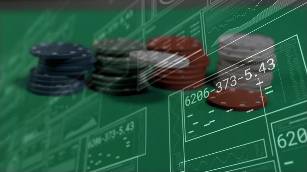 HUD panels sliding in, chip stacks reacting, white chip flipping near red chip, illustrating data