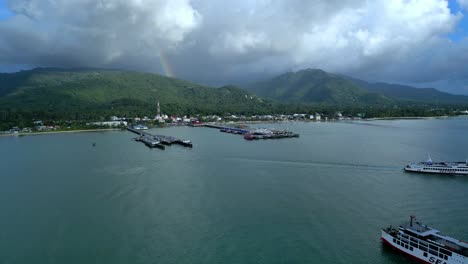 Koh-Samui-Ferry-Pier,-Ship-drone-shot,-4K,-Thailand,-Surat-Thani