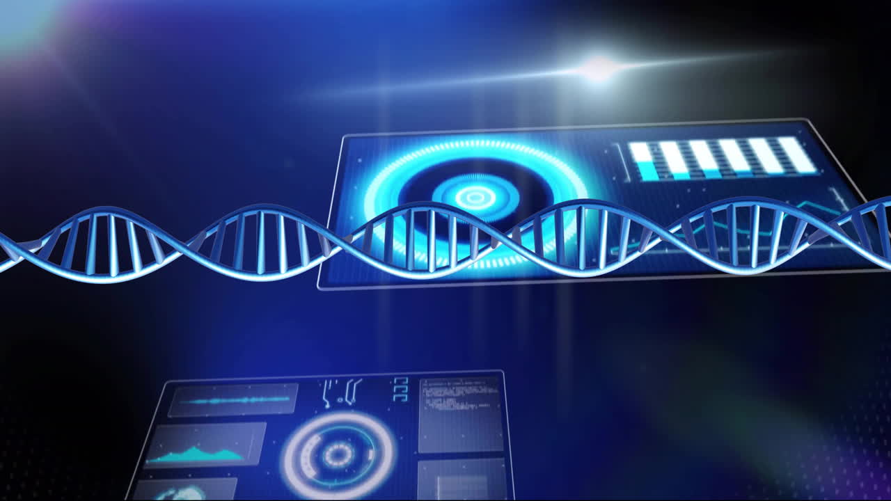 Animation of dna strand spinning over data processing on blue background