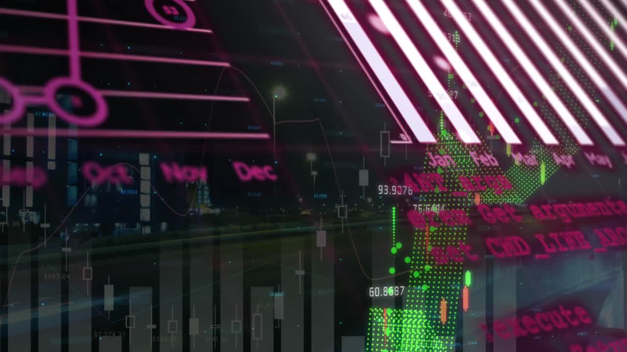 Animazione di elaborazione dati statistici e finanziari su time-lapse del traffico notturno cittadino.