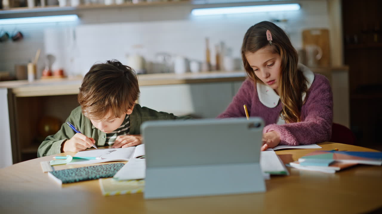 Primer plano de niños concentrados mirando una tablet y estudiando en casa. Niños haciendo los deberes