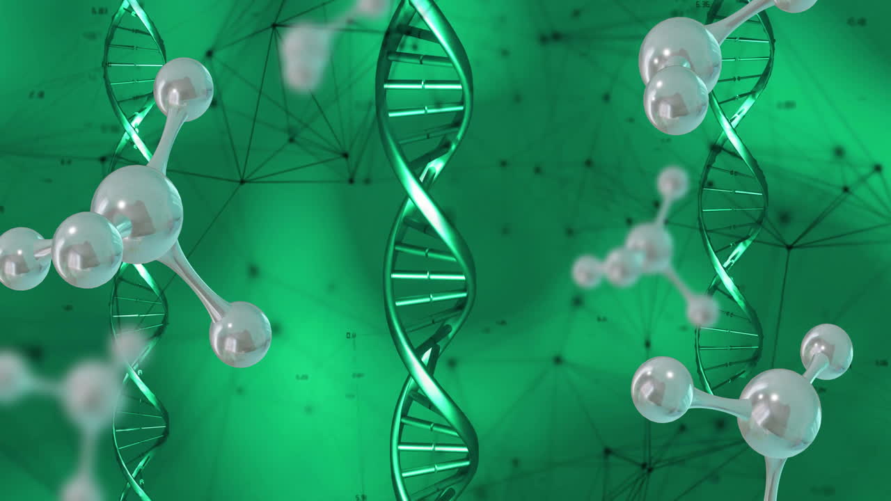 녹색 배경에 연결된 dna 스트랜드 스핀링과 데이터의 애니메이션