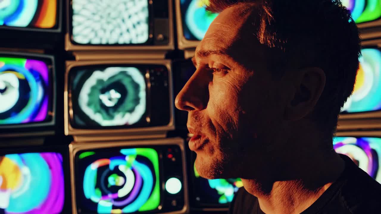 hombre mirando pantallas de tv retro coloridas