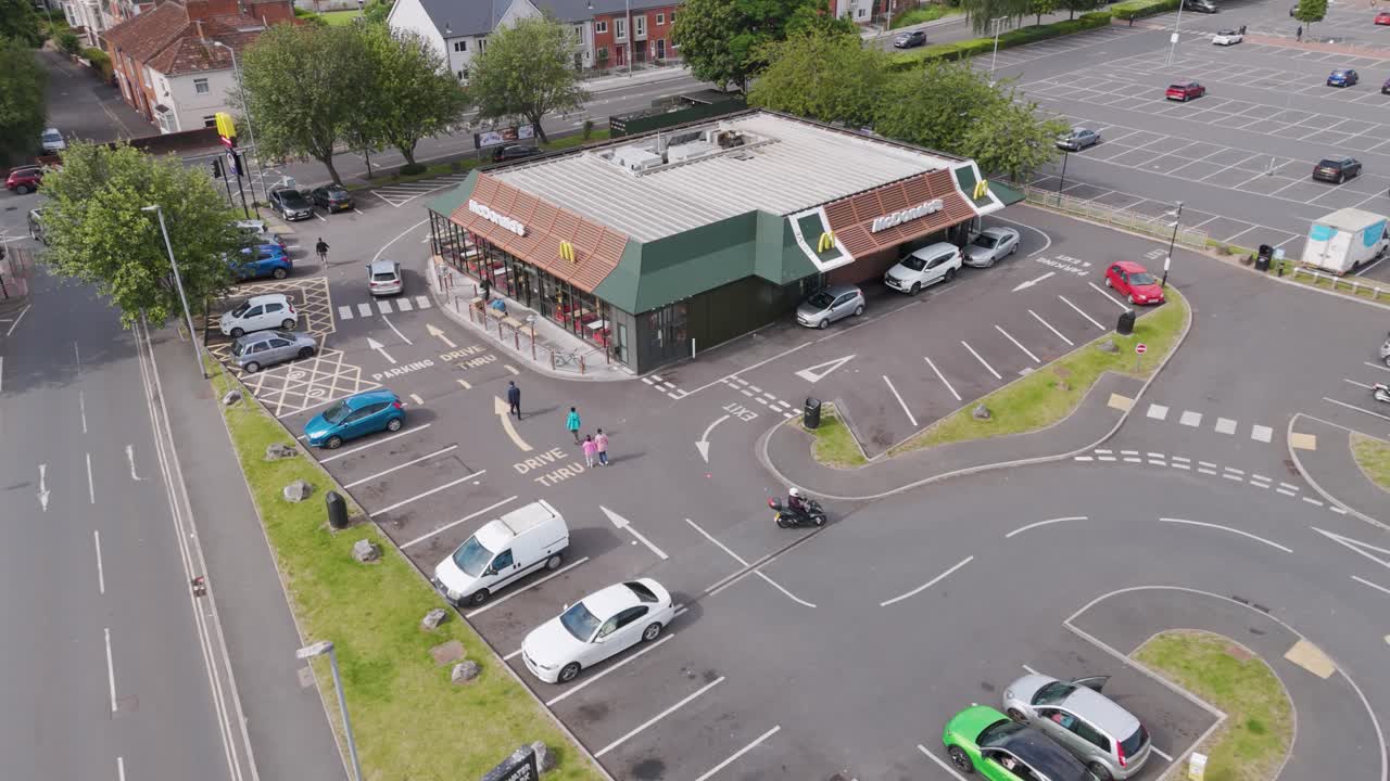 Aerial view of a McDonald's fast food restaurant with a parking lot
