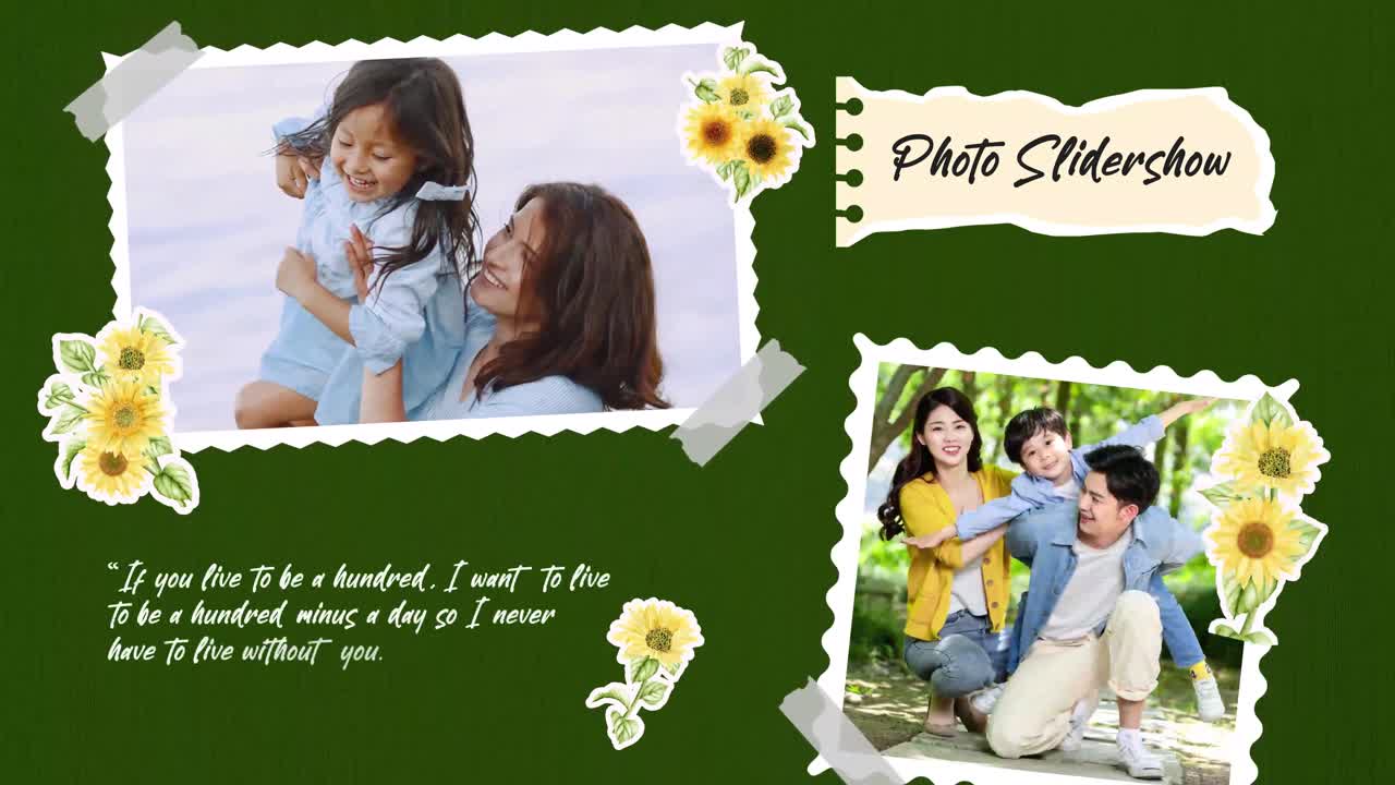 Slideshow di foto di famiglia felice con girasoli decorativi