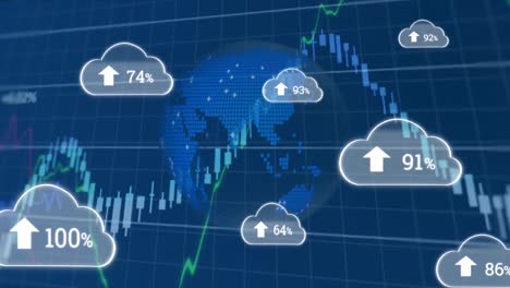 animation of clouds with percentage and data processing with globe on blue background