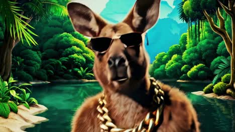 kangaroo in a jungle scene with gold chain and sunglasses