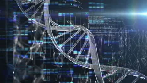 Animation-of-data-processing-and-moving-columns-over-dna-strand-on-black-background