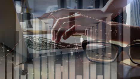 animation of statistics and data processing over businesswoman using laptop