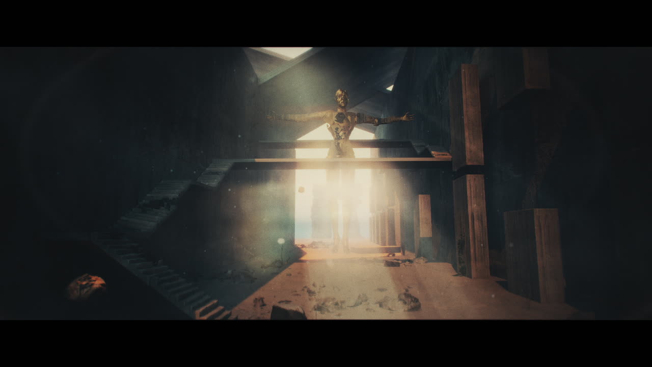 A colossal figure in an otherworldly, deserted corridor.