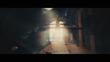 a colossal figure in an otherworldly, deserted corridor.