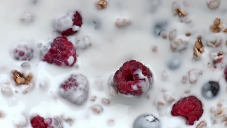 berries muesli floating milk closeup. delicious cereal granola yoghurt spinning