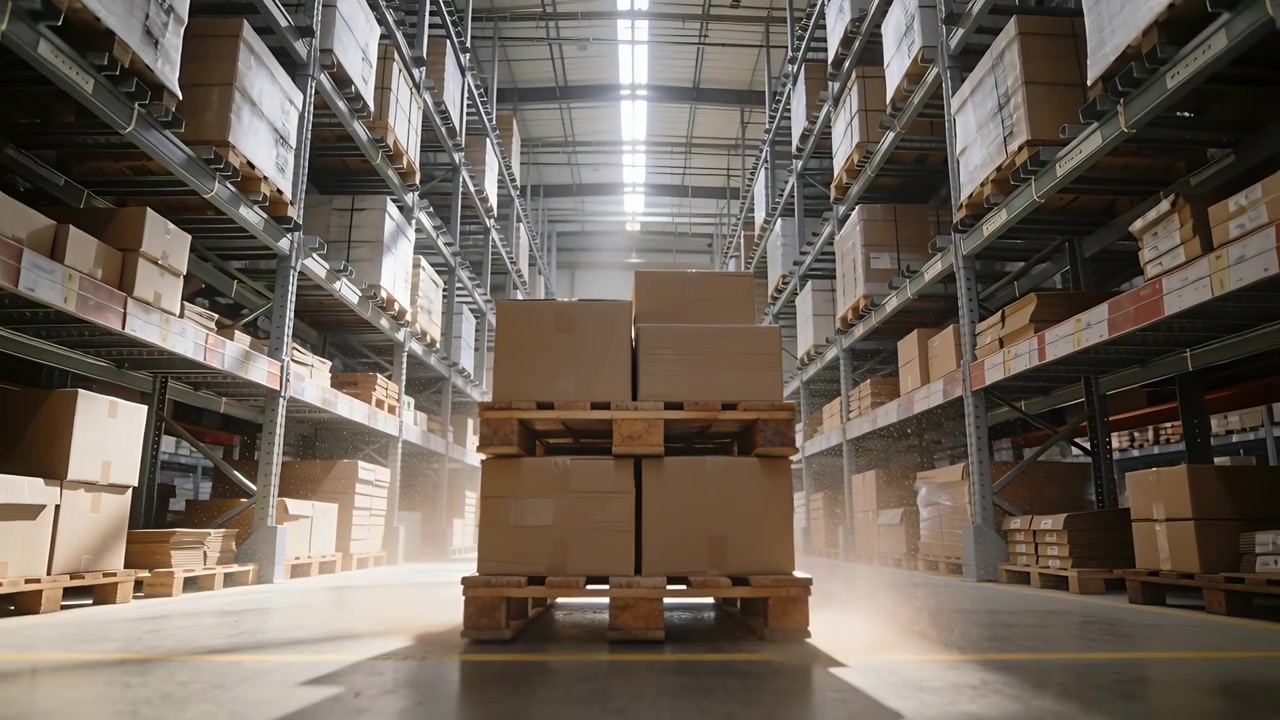 Camera dolly pushing, centered wooden pallet loaded with cardboard boxes in warehouse showing dust