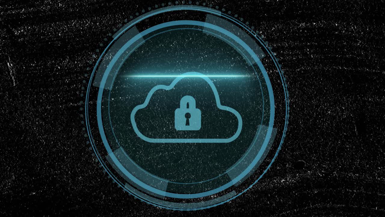 Shield fading into loading ring, cloud-lock emerging scanline sweeping pulsing visualizing security