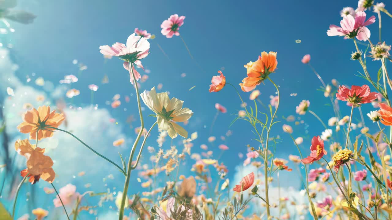 Low-angle video still of vibrant wildflowers against a clear blue sky, capturing a dreamy, ethereal