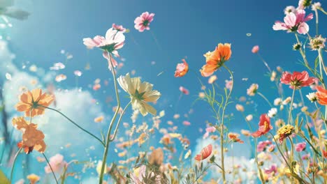 low-angle video still of vibrant wildflowers against a clear blue sky, capturing a dreamy, ethereal
