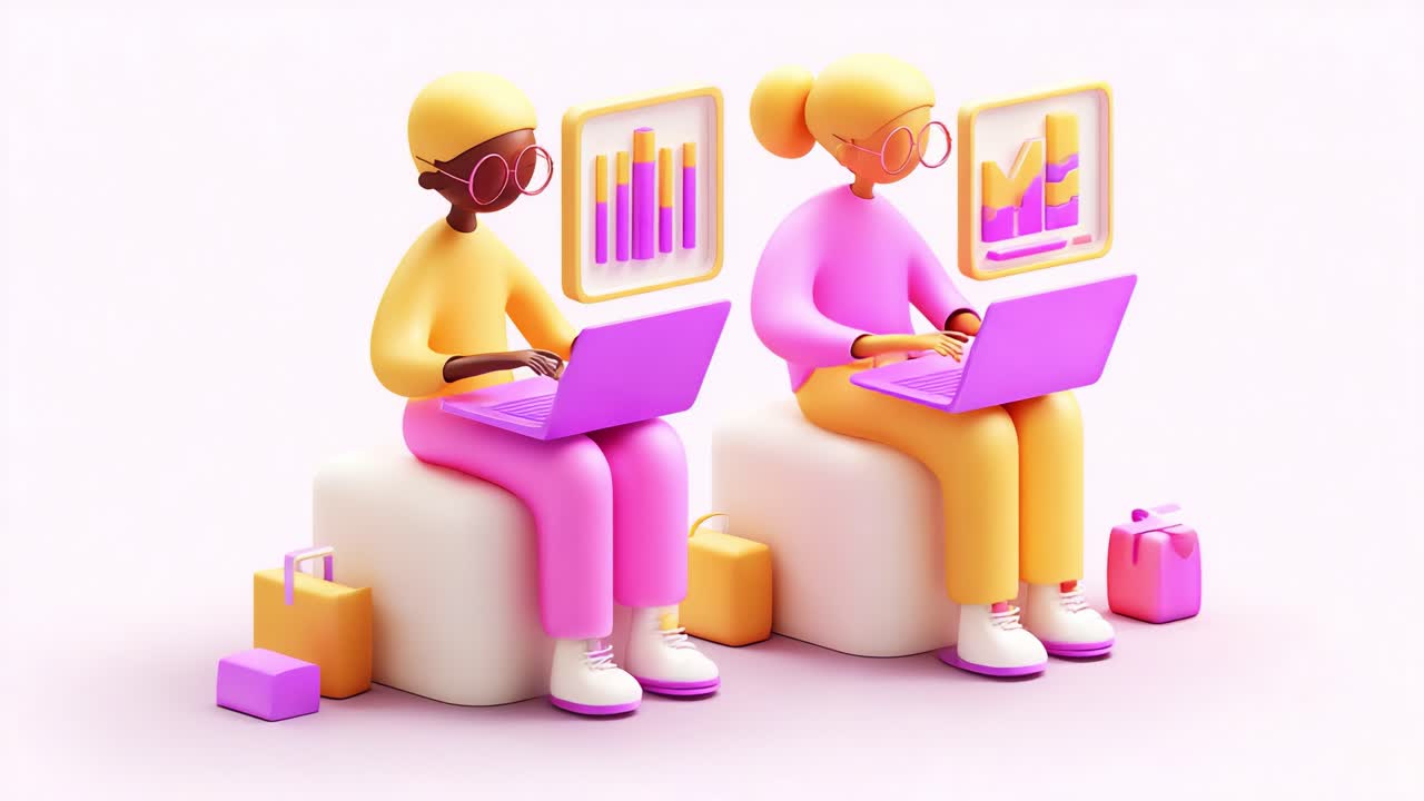 Two stylized characters engaged in data analysis, sitting on blocks with laptops open, surrounded by colorful blocks and bar graphs displayed on their screens, showcasing teamwork and technology