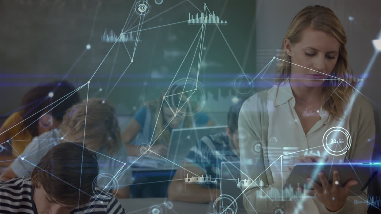 animación de datos y conexiones entre diversos maestros y estudiantes en la escuela