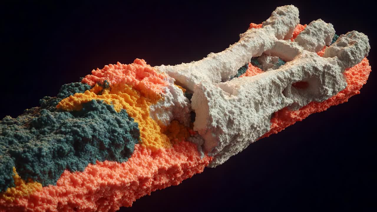 A Detailed Exploration of an Artistic Representation of a Human Hand, Textured with Vibrant and Colorful Materials, Showcasing the Intersection of Natural Forms and Creativity