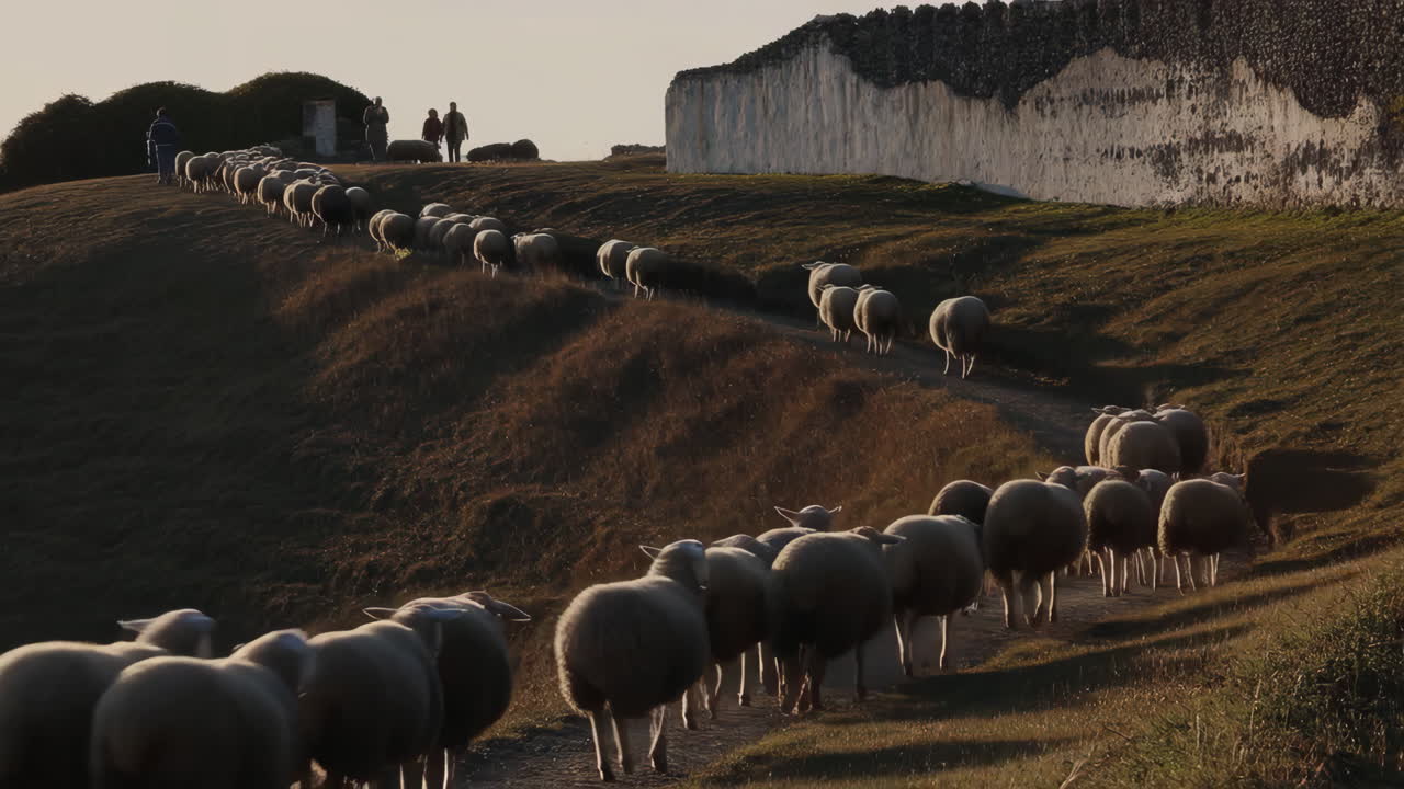 A flock of sheep being herded along a rural path with people and a cliff in the background at sunset