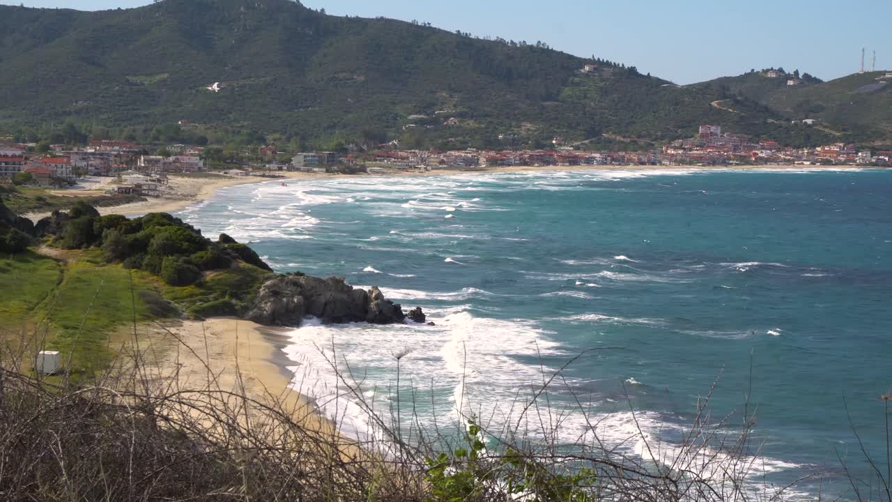 Windy Sarti Beach in Halkidiki Greece, Real Time Footage of Wave Waters Landing on Coastal Village