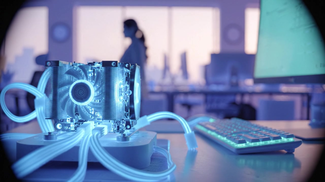 A Futuristic Computer Cooling System with Blue Illuminated Tubes Amidst an Office Workspace Reflecting Modern Technology and Innovative Design Elements.