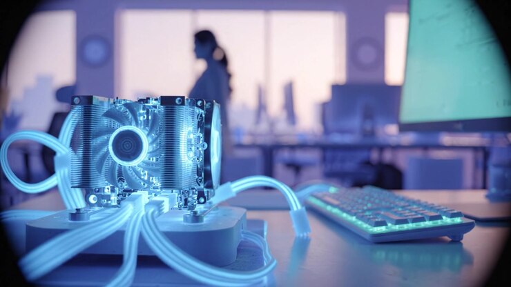 A Futuristic Computer Cooling System with Blue Illuminated Tubes Amidst an Office Workspace Reflecting Modern Technology and Innovative Design Elements.