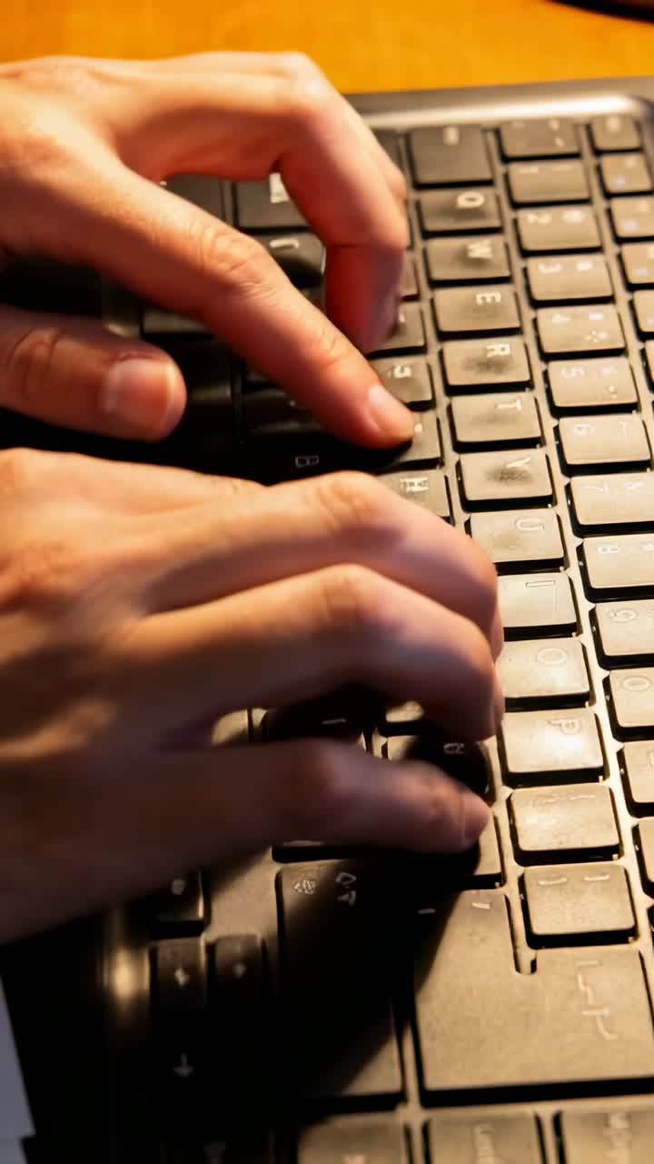 Video vertikal: Tangan mengetik bergerak dari baris dasar dan menekan keyboard hitam di meja, sedang bekerja